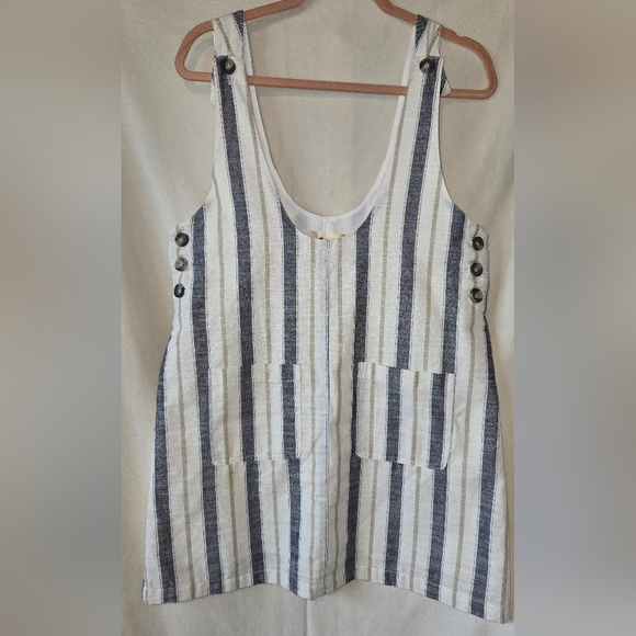 Altar'd State Large Blue & White Striped Dress Adjustable Brown Button Straps - Picture 1 of 11